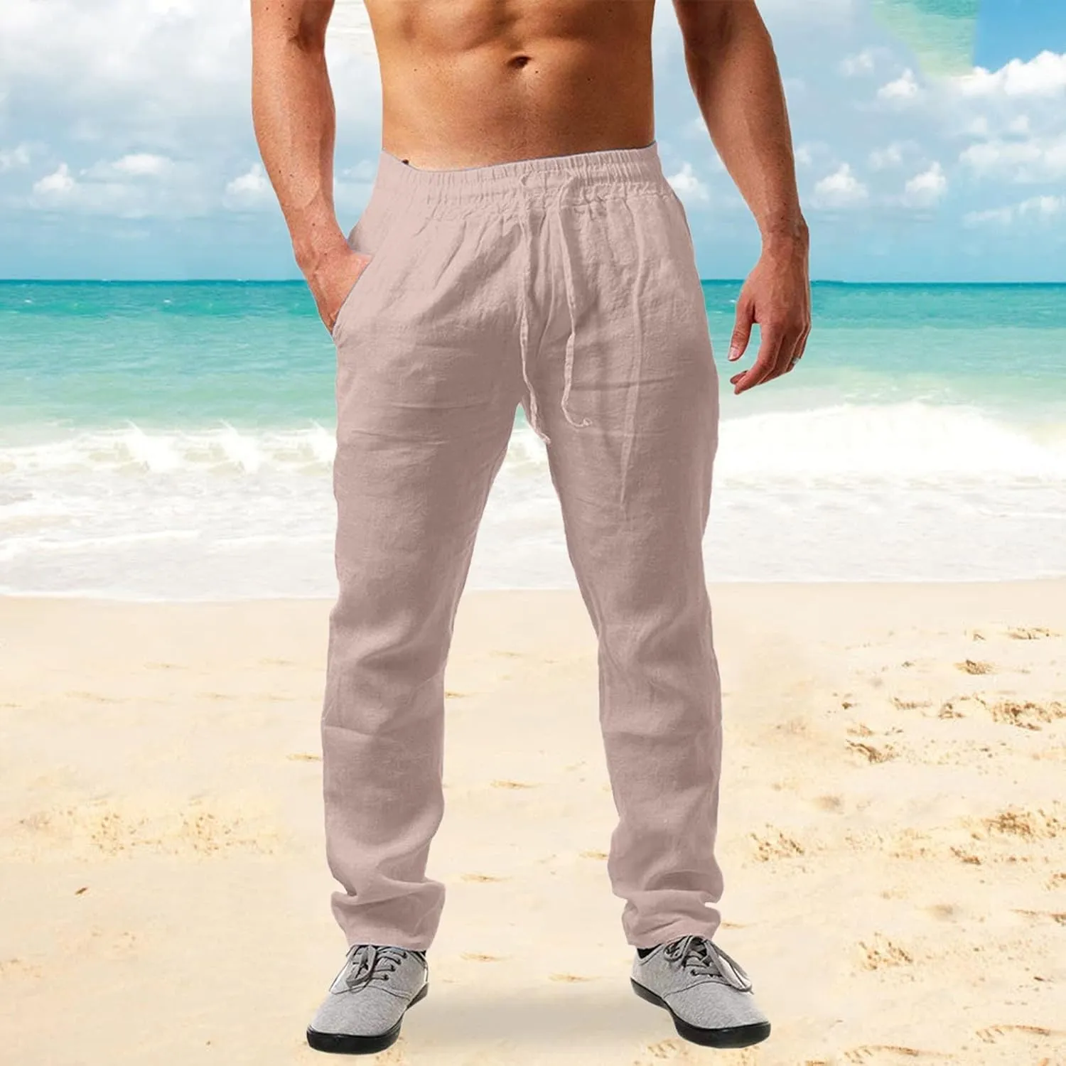 Men's Linen Harem Pants Lightweight Baggy Casual Pants Drawstring Elastic Waist Beach Yoga Pants with Pockets Jogger Pants
