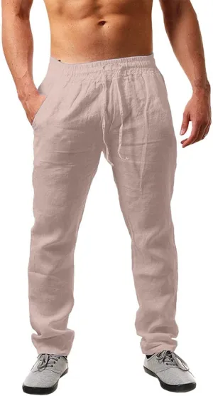 Men's Linen Harem Pants Lightweight Baggy Casual Pants Drawstring Elastic Waist Beach Yoga Pants with Pockets Jogger Pants