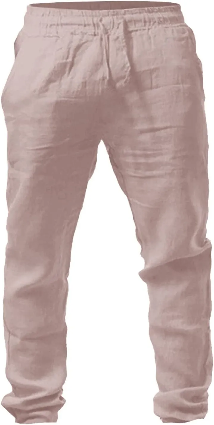 Men's Linen Harem Pants Lightweight Baggy Casual Pants Drawstring Elastic Waist Beach Yoga Pants with Pockets Jogger Pants