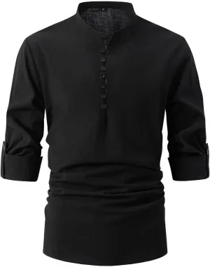 Men's Linen Long-Sleeve Henley Shirt Business Casual Stylish Slim-Fit Dress Shirts Lightweight Beach Button Up Shirts