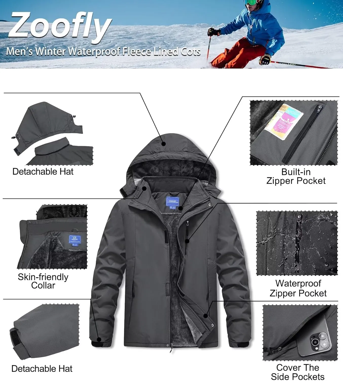 Men's Mountain Ski Jacket Waterproof Fleece Liner Snow Coat Warm Winter Windproof Hooded Raincoat