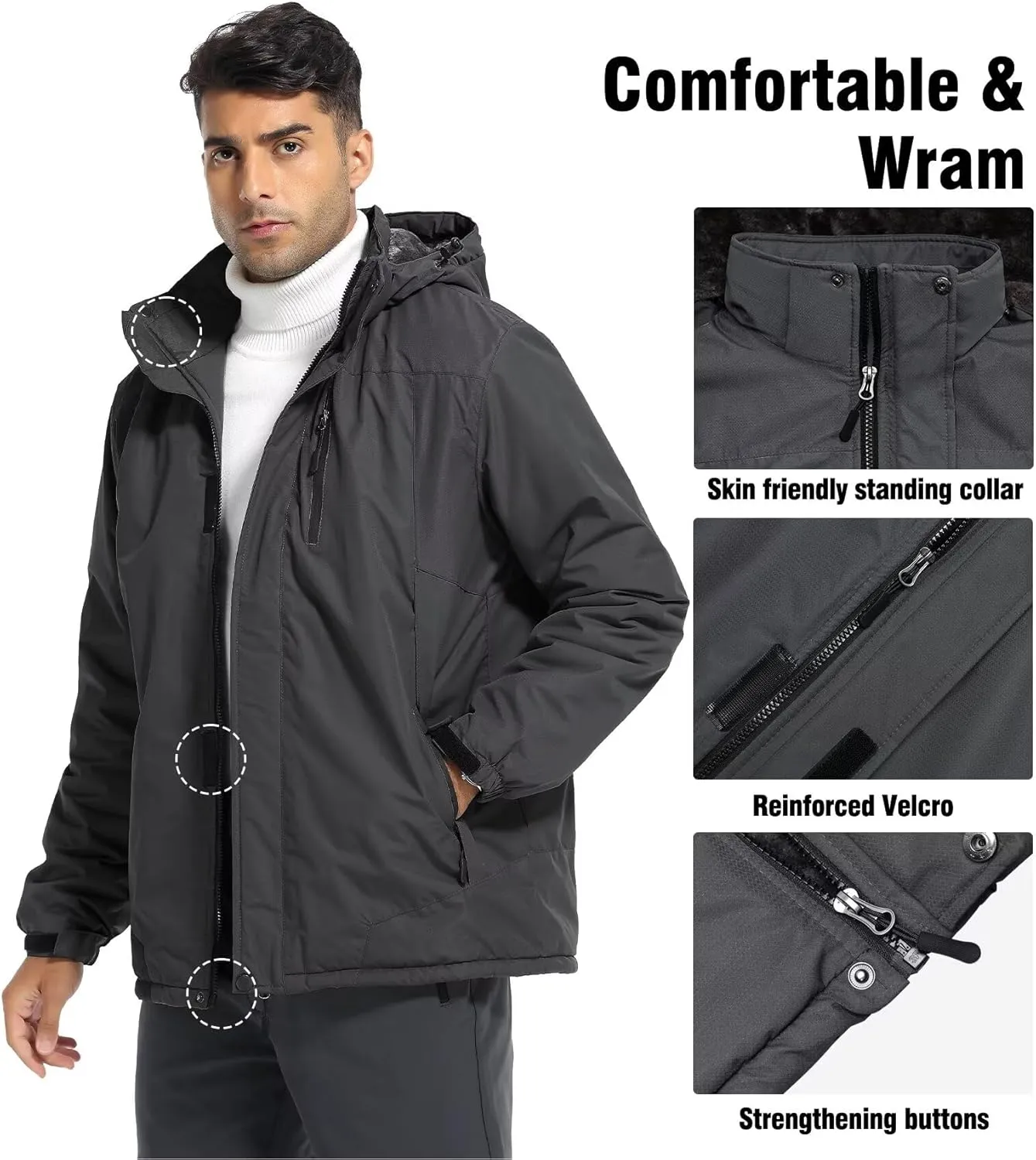 Men's Mountain Ski Jacket Waterproof Fleece Liner Snow Coat Warm Winter Windproof Hooded Raincoat