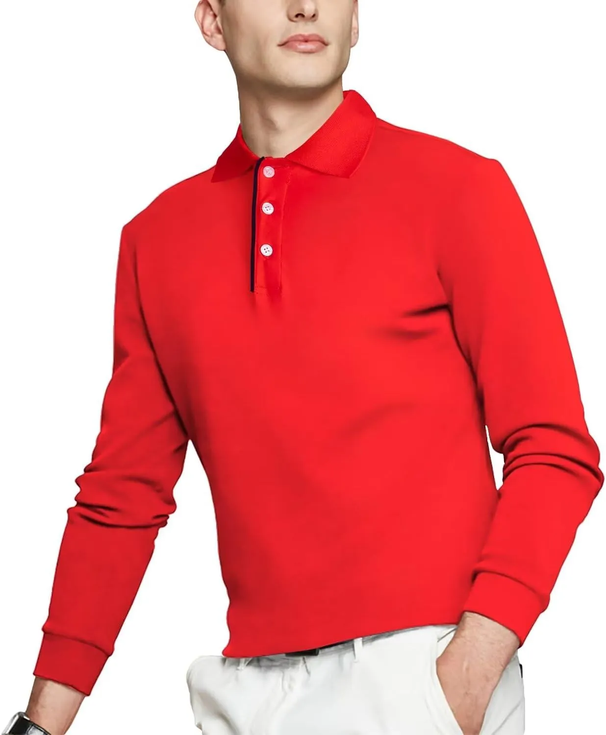 Mens Polo Shirts Cotton Solid Long Sleeve Polo Rugby Shirts