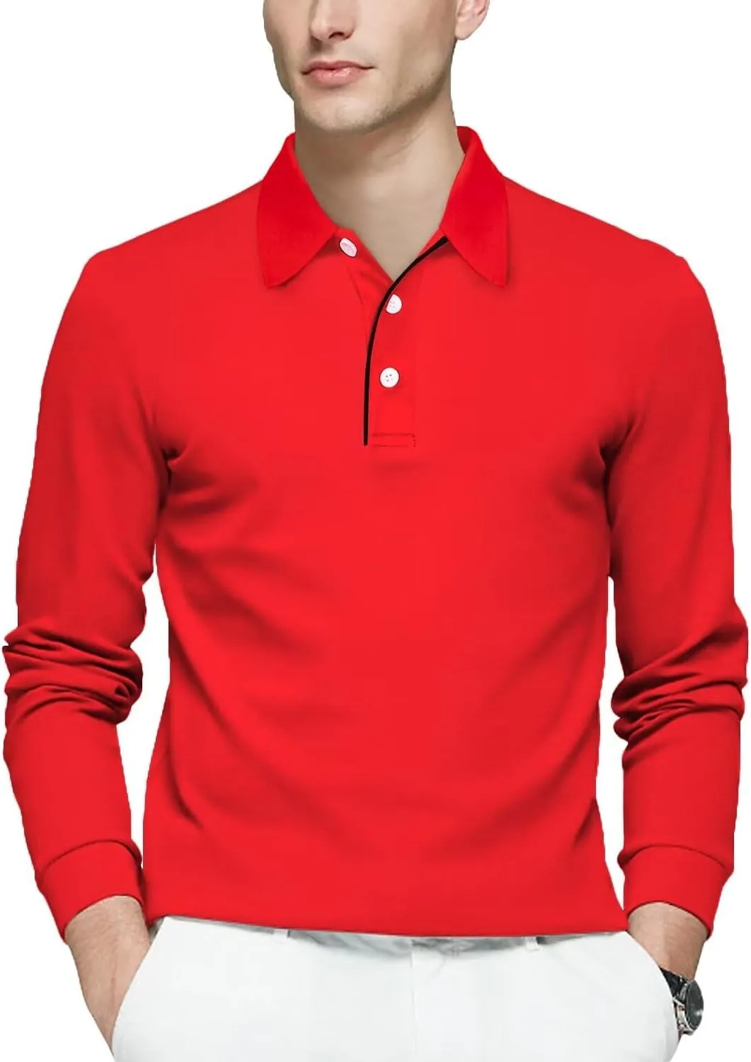 Mens Polo Shirts Cotton Solid Long Sleeve Polo Rugby Shirts