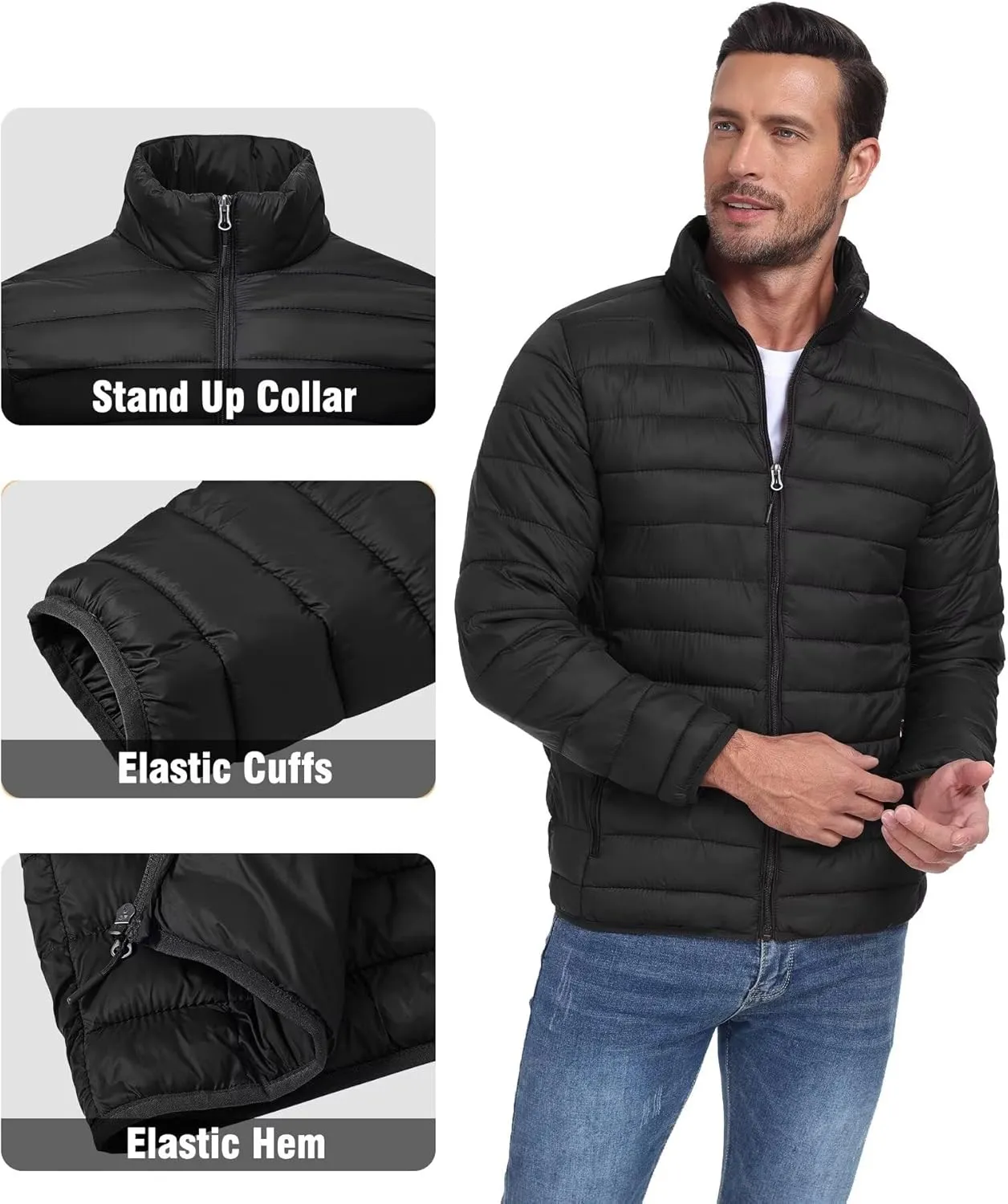 Men's Puffer Jacket Lightweight Warm Winter Coat with Zipper Pockets Insulated Ski Snow Down Jackets