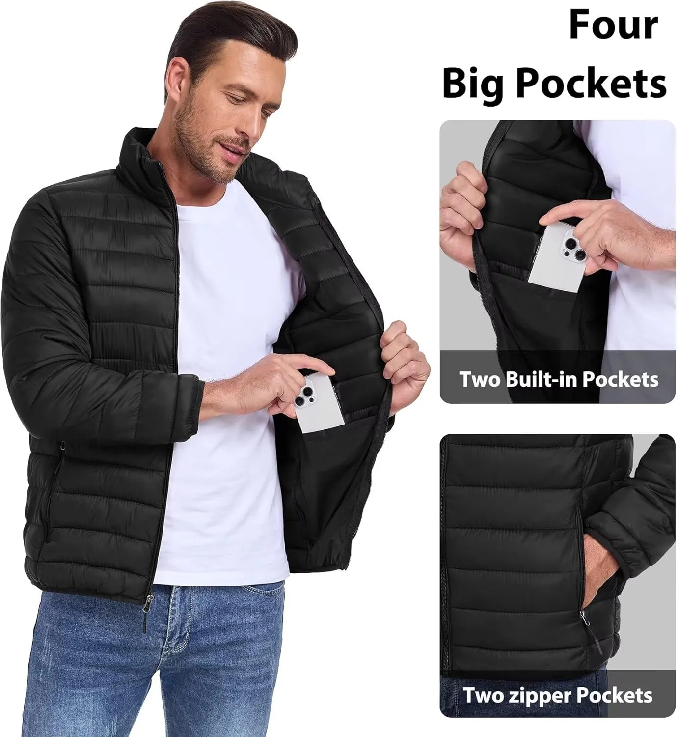 Men's Puffer Jacket Lightweight Warm Winter Coat with Zipper Pockets Insulated Ski Snow Down Jackets