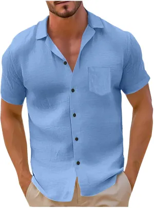 Mens Short Sleeve Dress Shirts with Pocket Cotton Linen Button Down T-Shirt Spread Collar Plain Summer Beach Tops