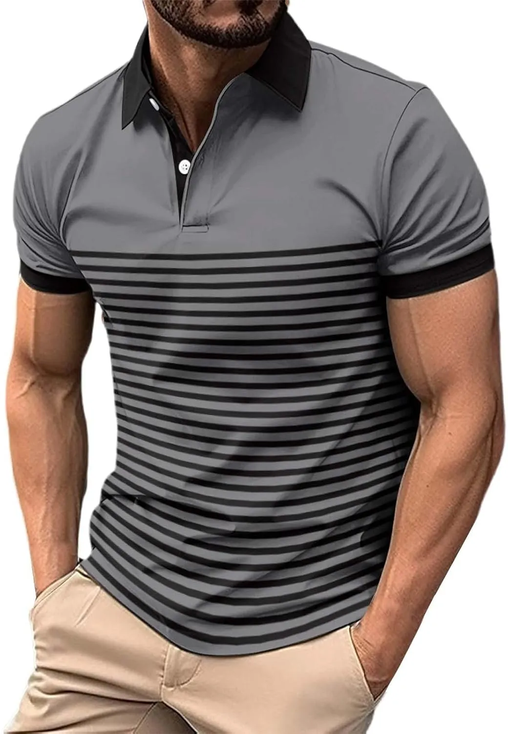 Mens Striped Polo Short Sleeve Shirt Casual Cotton Athletic Sports Going Out T-Shirts Button Up Moisture Wicking Tops