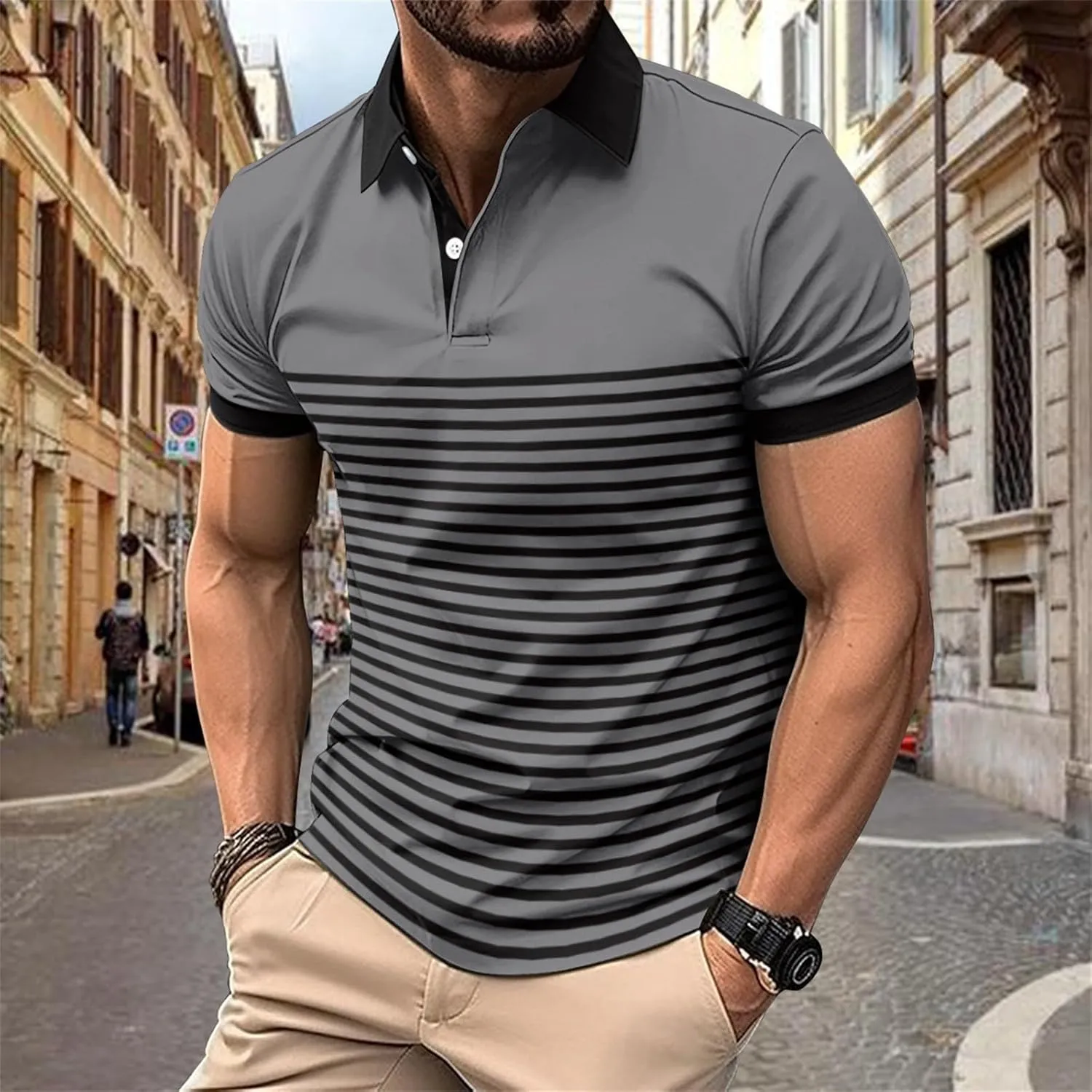Mens Striped Polo Short Sleeve Shirt Casual Cotton Athletic Sports Going Out T-Shirts Button Up Moisture Wicking Tops