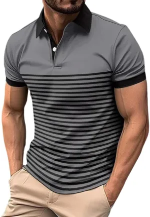 Mens Striped Polo Short Sleeve Shirt Casual Cotton Athletic Sports Going Out T-Shirts Button Up Moisture Wicking Tops