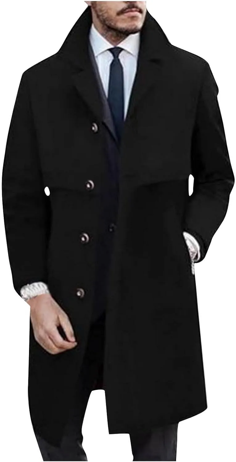Men's Trench Coat Faux Wool Long Jacket Classic Winter Warm Windproof Overcoat Single Breasted Notched Lapel Pea Coat