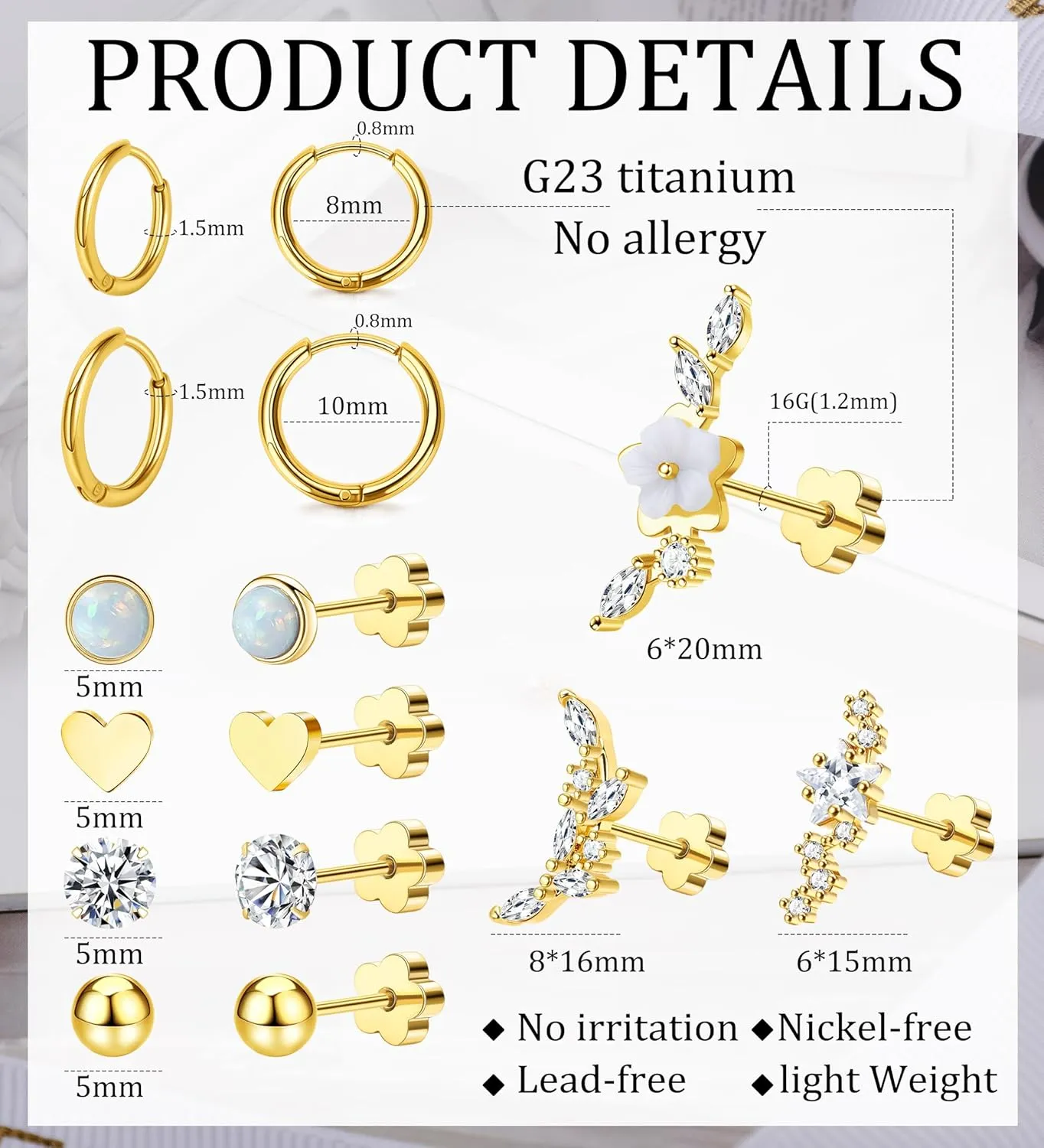 MJust Hypoallergenic Surgical Steal Earrings for Women & Men Flat Back Studs & Hoops Earrings Set for Sensitive Ears, Screwback Earrings for Cartilage
