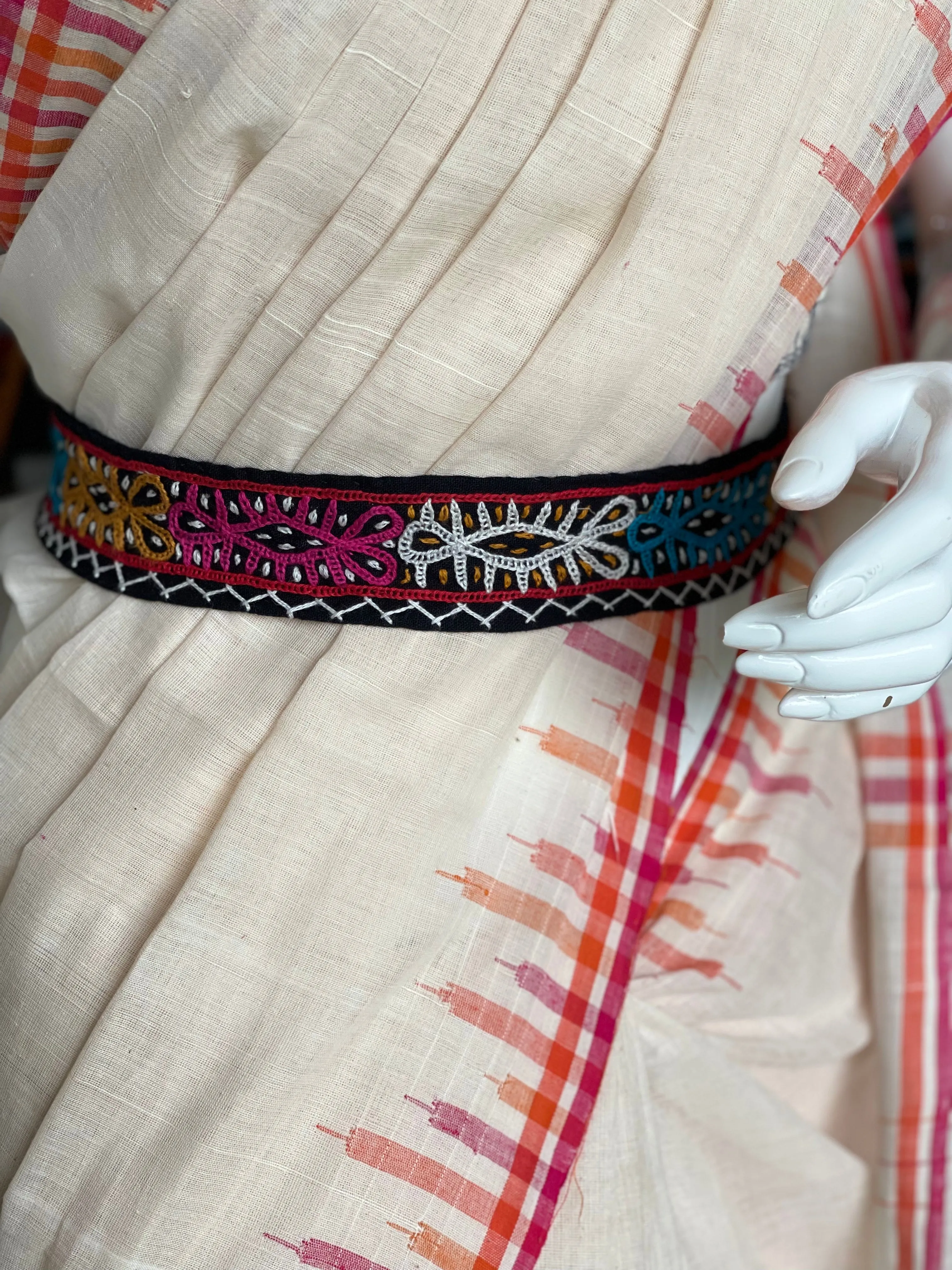 Multi colored Rabari hand embroidered belt on black base