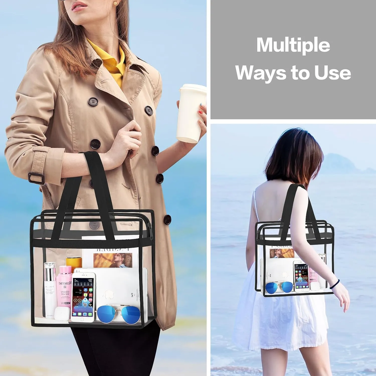 NATURAL STYLE 2 Pieces Clear Beach Tote Bags, Clear Travel Tote Bag, Stadium Approved Bag