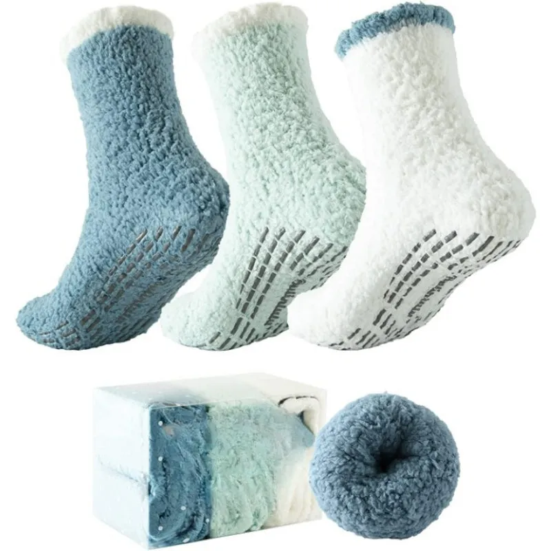 Pack Of 3 Fuzzy Socks for Women with Grips Plush Fuzzy Socks Sleep Cozy socks Sleep Socks Winter Soft Fluffy Sock