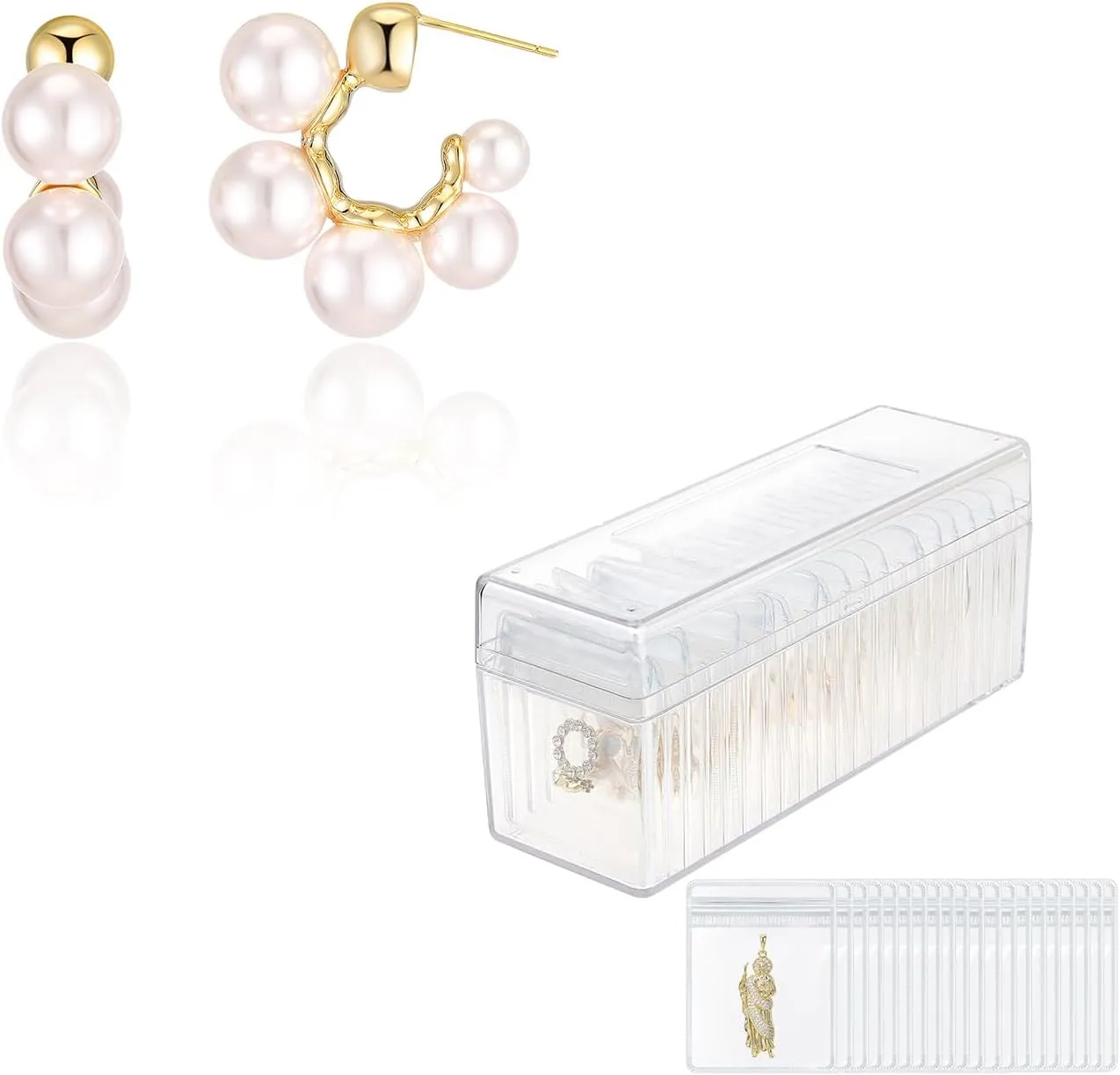 Pearl Hoop Earrings and Jewelry Box Organizer, Trendy Pearl Earrings Jewelry Organizers Storage Travel Jewelry Case for Earrings/Rings/Necklaces for Women