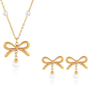 Pearl Jewelry Set for Women Bow Earrings and Necklace Set Gold Jewelry Set for Women Pearl Bow Earrings Wedding Jewelry Sets for Brides