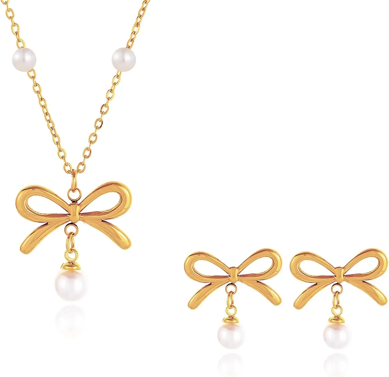 Pearl Jewelry Set for Women Bow Earrings and Necklace Set Gold Jewelry Set for Women Pearl Bow Earrings Wedding Jewelry Sets for Brides