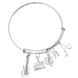 Personalized Girls Guitar Charm Bangle Bracelet - Music Jewelry - Music Gift - Guitar Jewelry - Music Note-Music Lover Jewelry Gift for Women, Teens and Girls