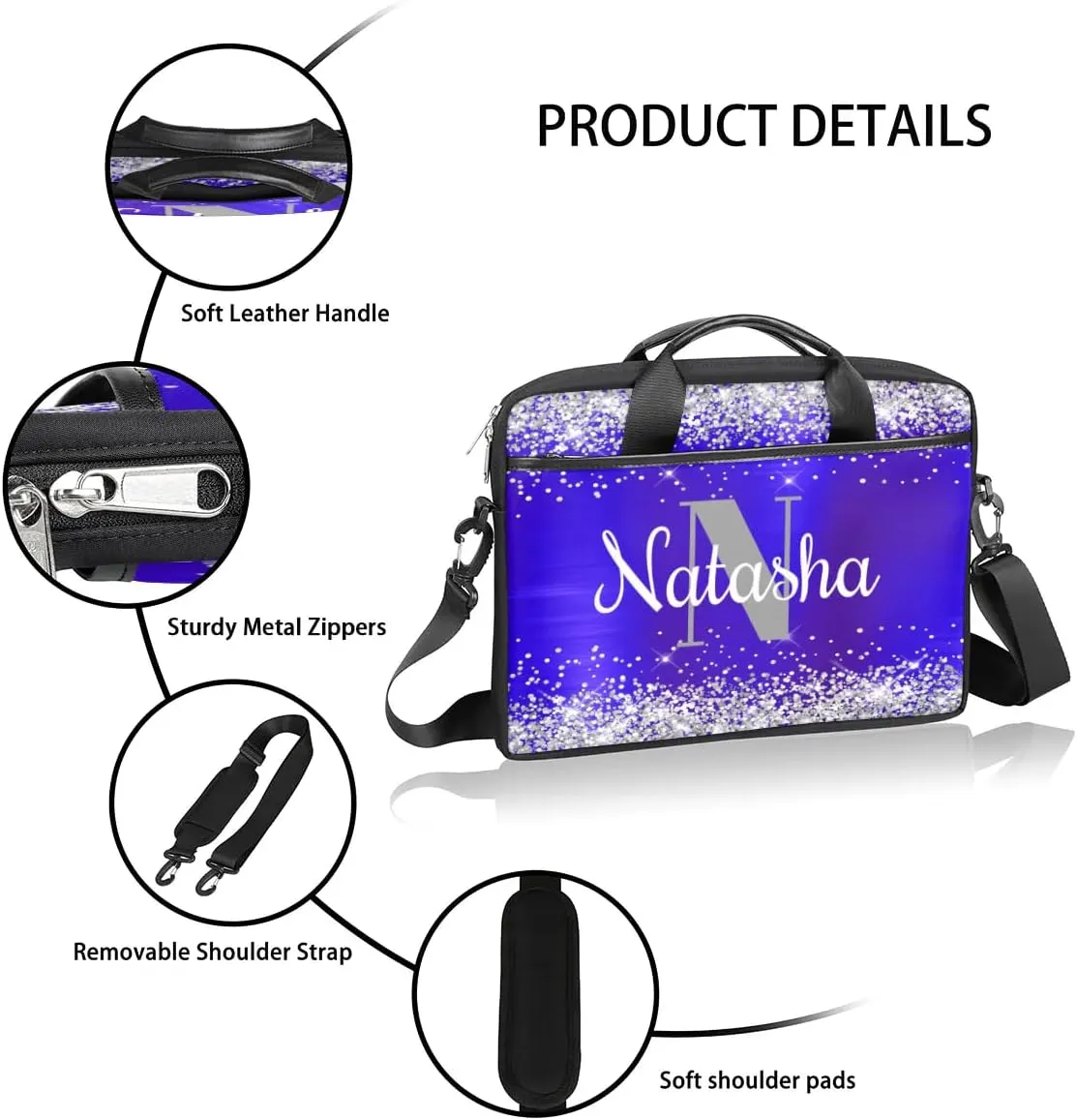 Personalized Glitter Laptop Bag Case Briefcases for Women, Custom Gift Computer Cases for Laptops, Tablet Shoulder Bag