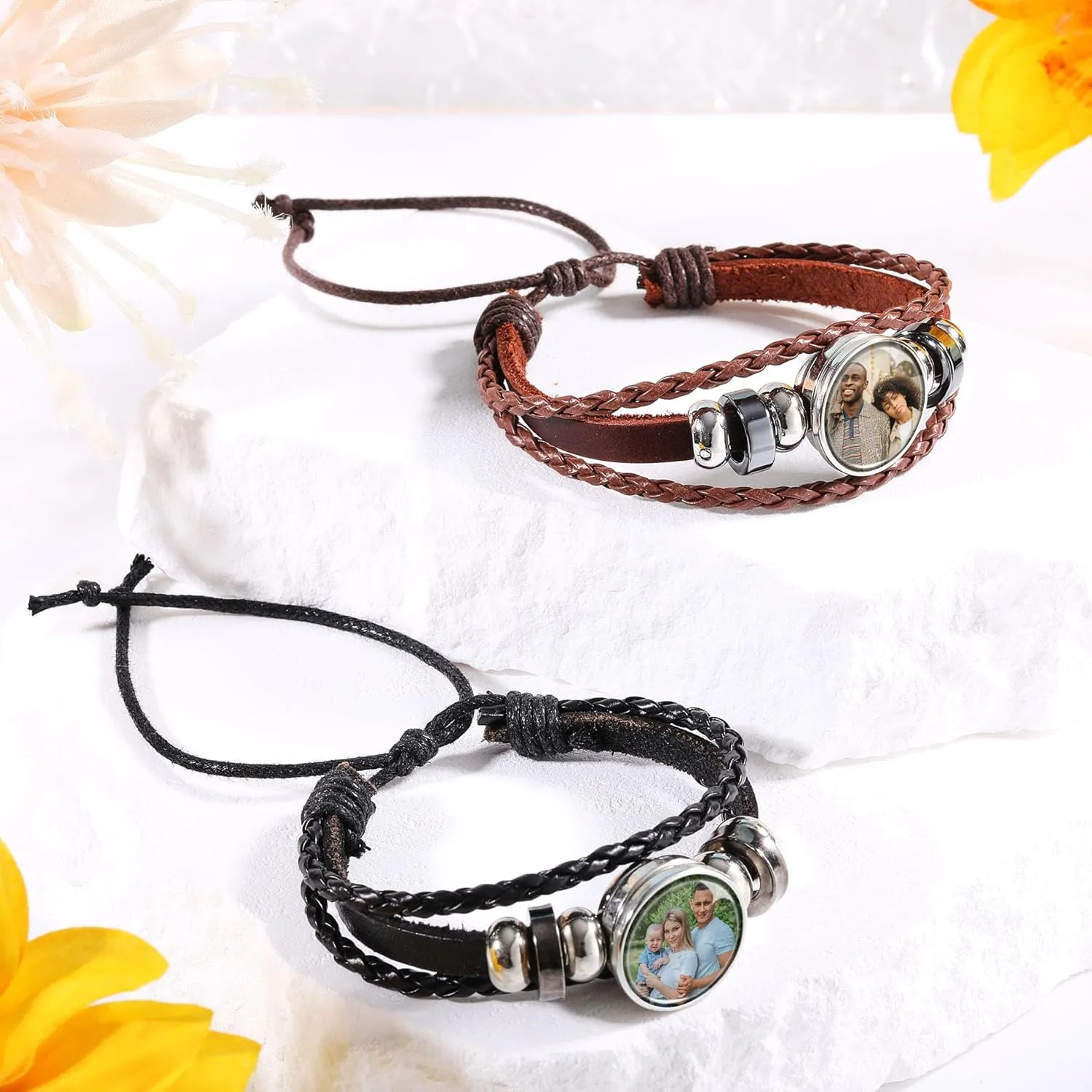 Personalized Photo Bracelets for Women Customized Picture Bracelets Adjustable Leather Wrap Bracelet with Picture Inside Engraved Women Bracelets with Photos Memorial Bracelets with Picture