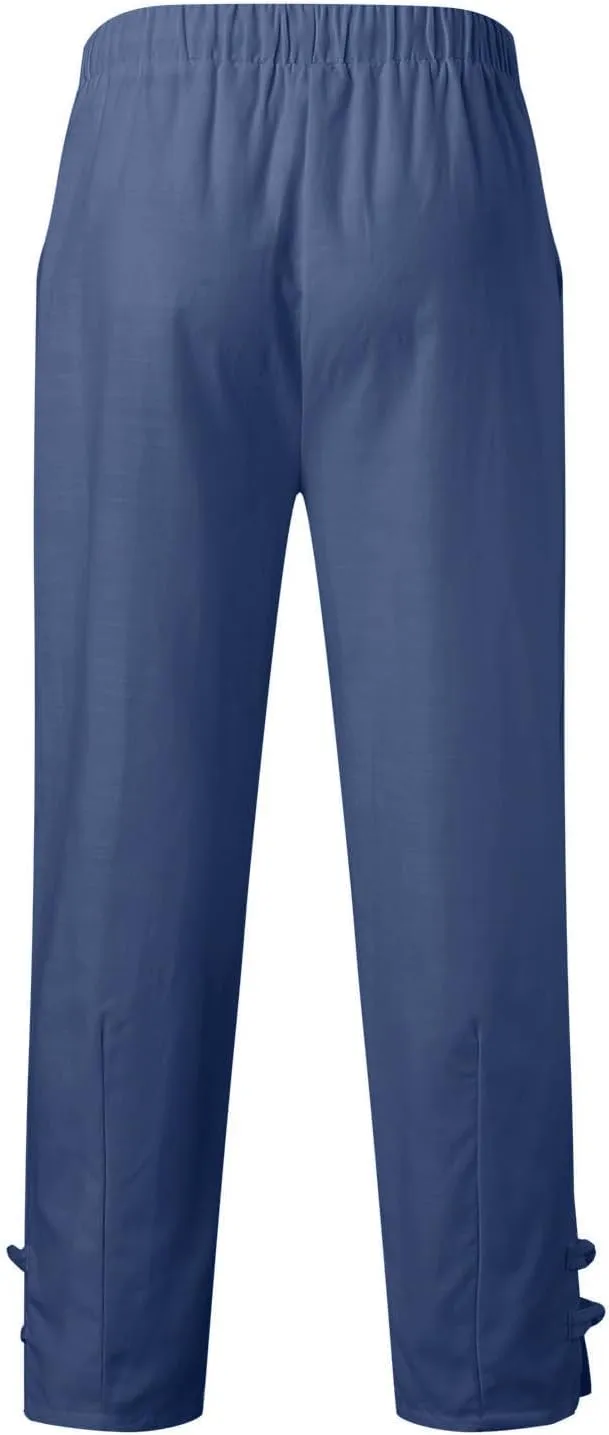 Plus Size Cropped Pants Men Summer Drawstring Elastic Waist Pants Crop Linen Pants with Pockets Hippie Harem Pants