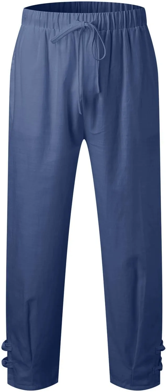 Plus Size Cropped Pants Men Summer Drawstring Elastic Waist Pants Crop Linen Pants with Pockets Hippie Harem Pants