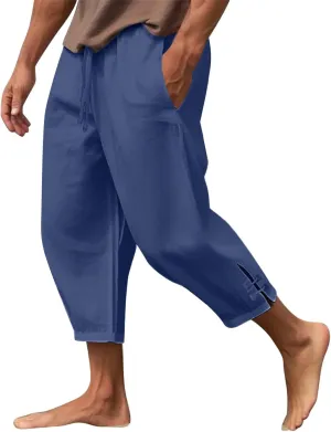 Plus Size Cropped Pants Men Summer Drawstring Elastic Waist Pants Crop Linen Pants with Pockets Hippie Harem Pants