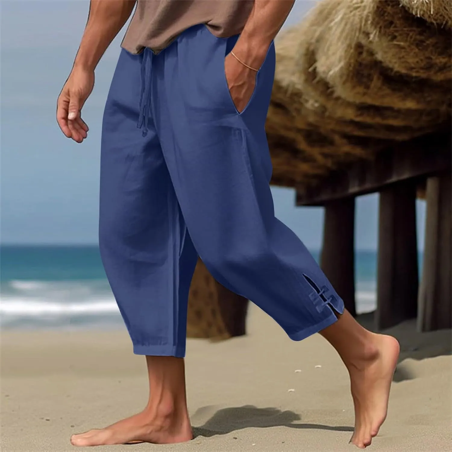 Plus Size Cropped Pants Men Summer Drawstring Elastic Waist Pants Crop Linen Pants with Pockets Hippie Harem Pants