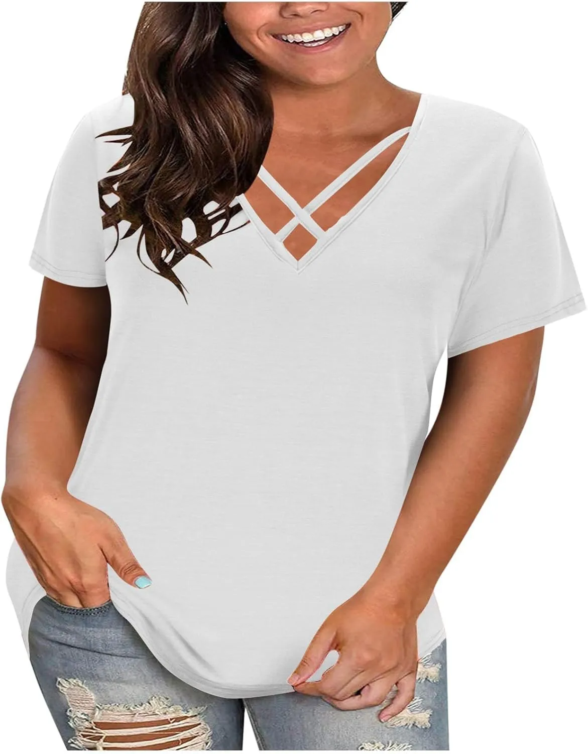 Plus Size Tops for Women Summer Short Sleeve Sexy V Neck Criss Cross T-Shirt Casual Loose Tunic Shirts Soft Solid Tee