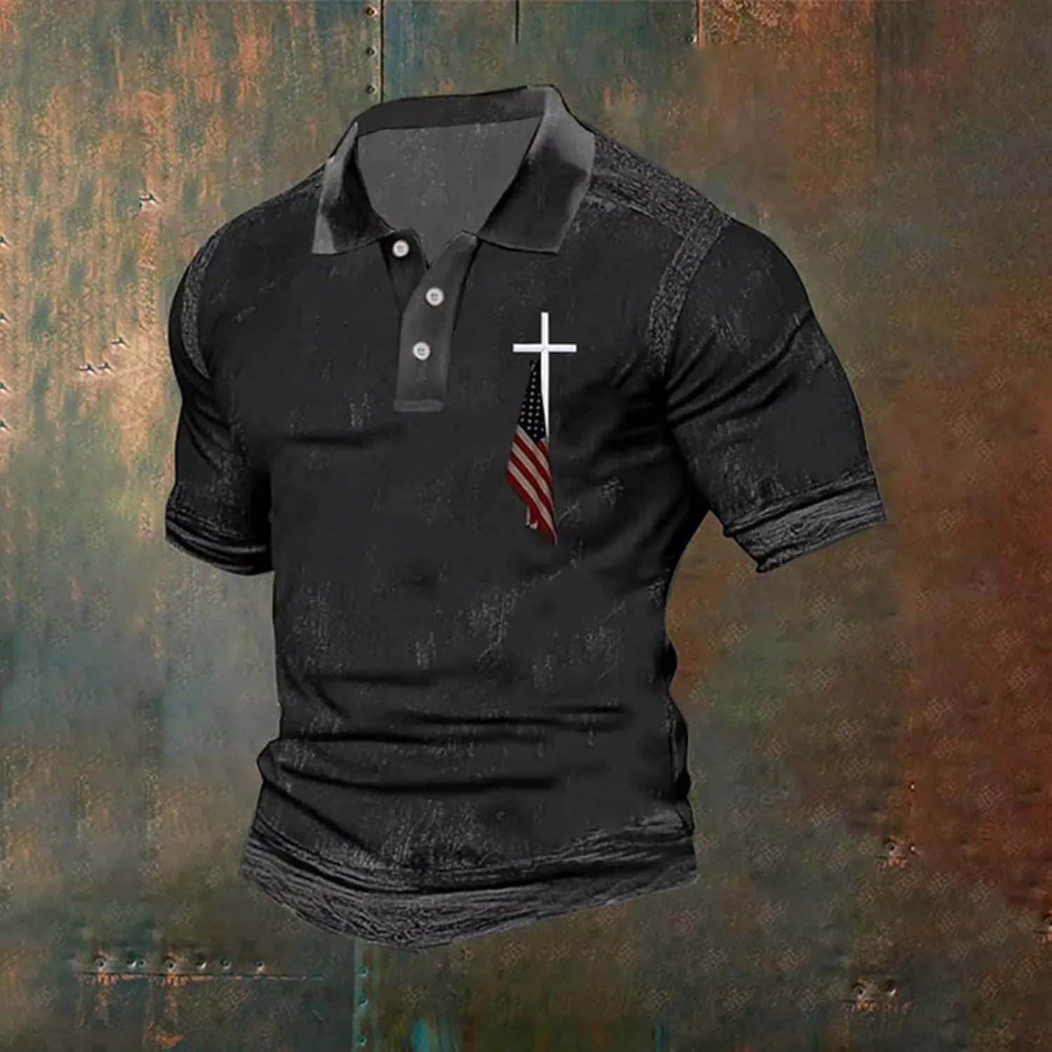 Polo Shirts for Men Christian Cross American Flag Pirnt Golf T-Shirts Summer Short Sleeve Button Down Patriotic Tops