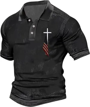 Polo Shirts for Men Christian Cross American Flag Pirnt Golf T-Shirts Summer Short Sleeve Button Down Patriotic Tops