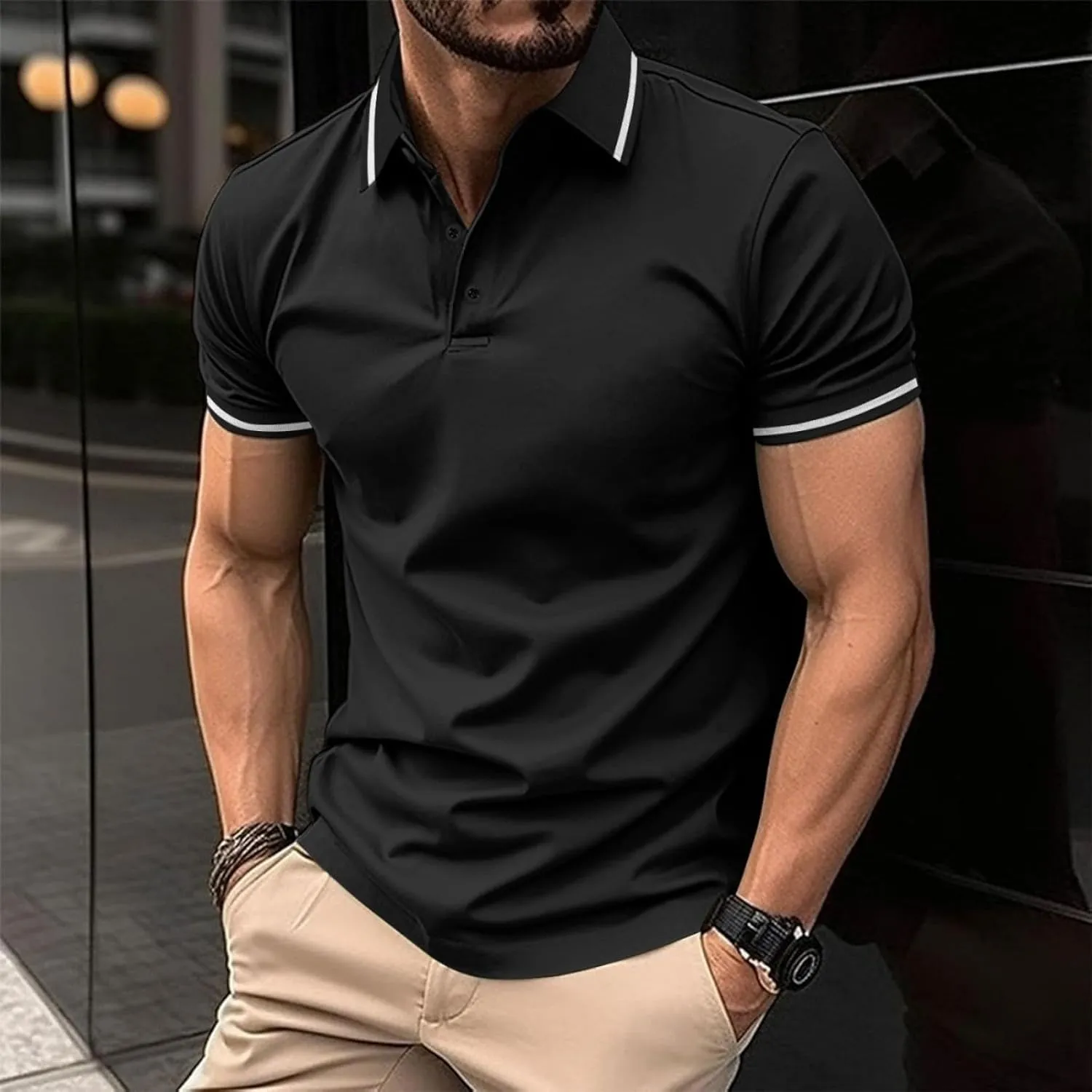 Polo Shirts for Men Summer Slim Fit Short Sleeve T-shirt Business Casual Button Up Top Dressy Solid Lapel Tee Blouse