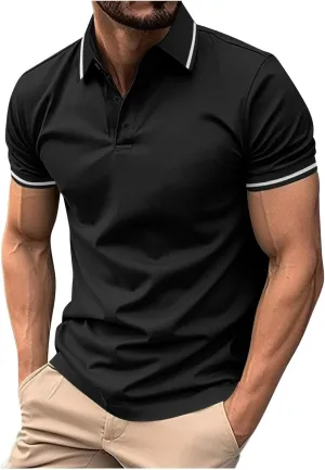 Polo Shirts for Men Summer Slim Fit Short Sleeve T-shirt Business Casual Button Up Top Dressy Solid Lapel Tee Blouse