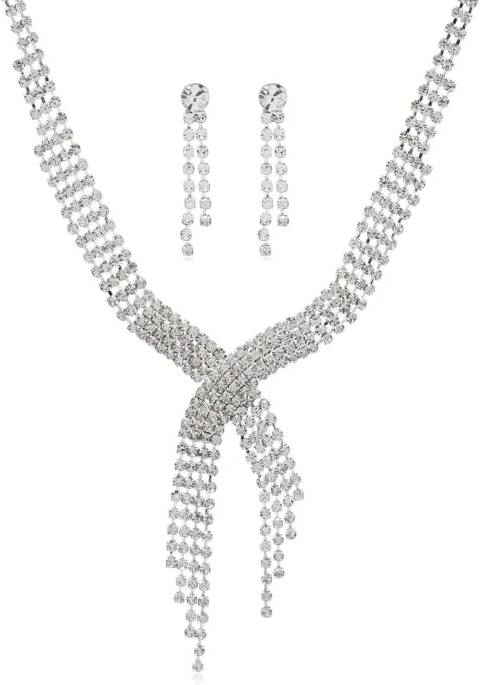 PRINCESS BRIDE Women Jewelry Set Silver Vintage Rhinestone Crystal Bridesmaid Jewelry Set for Wedding Choker Necklace and Earring Set Sparkle Prom Jewelry (A12)
