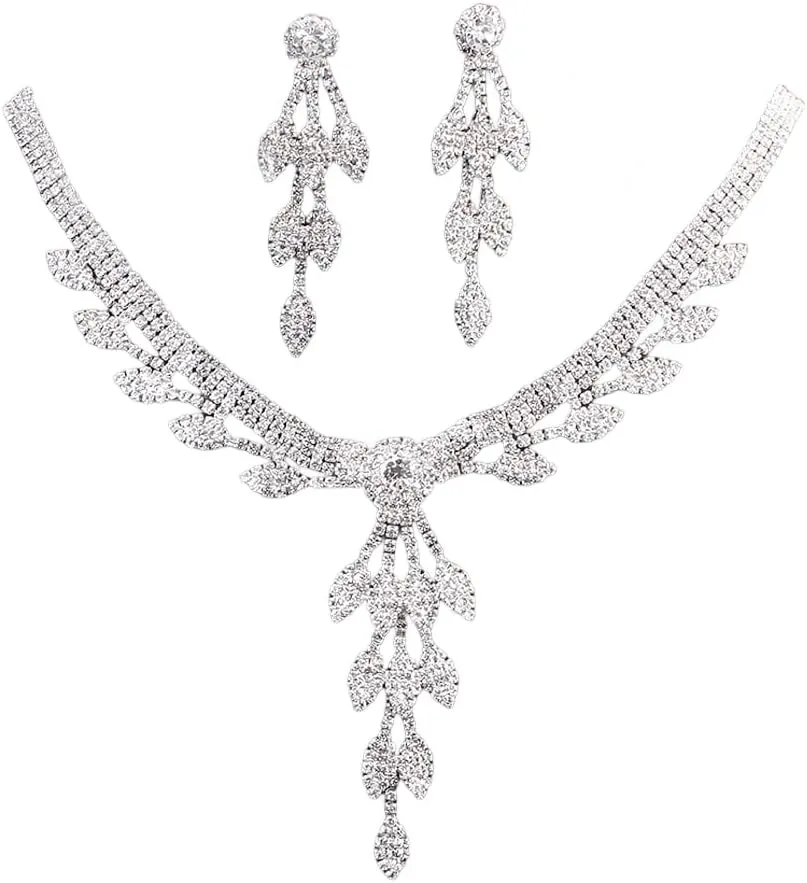 PRINCESS BRIDE Women Jewelry Set Silver Vintage Rhinestone Crystal Bridesmaid Jewelry Set for Wedding Choker Necklace and Earring Set Sparkle Prom Jewelry (A3)