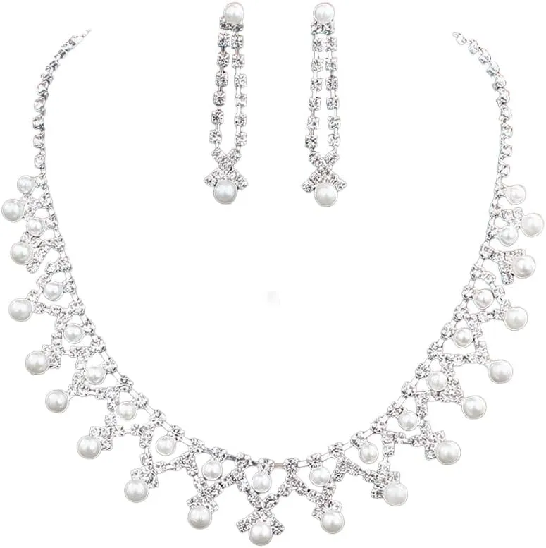 PRINCESS BRIDE Women Jewelry Set Silver Vintage Rhinestone Crystal Bridesmaid Jewelry Set for Wedding Choker Necklace and Earring Set Sparkle Prom Jewelry (A6)