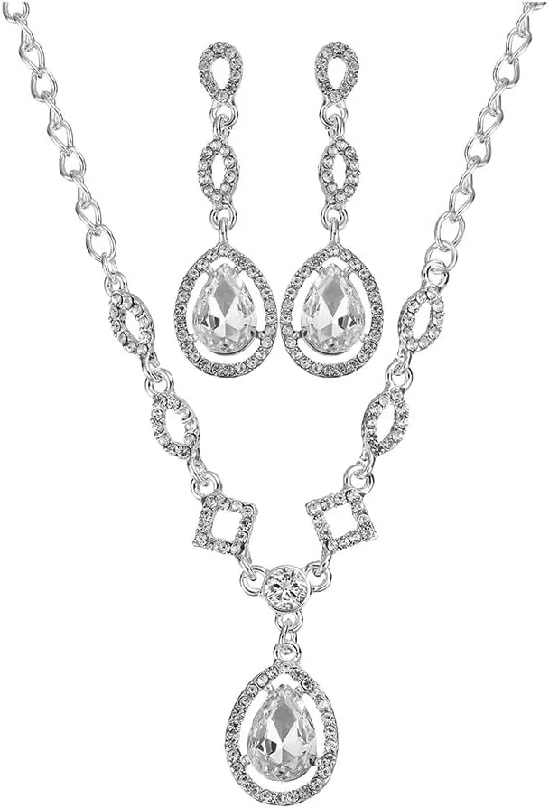 PRINCESS BRIDE Women Jewelry Set Silver Vintage Rhinestone Crystal Bridesmaid Jewelry Set for Wedding Choker Necklace and Earring Set Sparkle Prom Jewelry (A7)