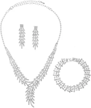 PRINCESS BRIDE Women Jewelry Set Silver Vintage Rhinestone Crystal Bridesmaid Jewelry Set for Wedding Choker Necklace Bracelet Earring Set Sparkle Prom Jewelry (A9)