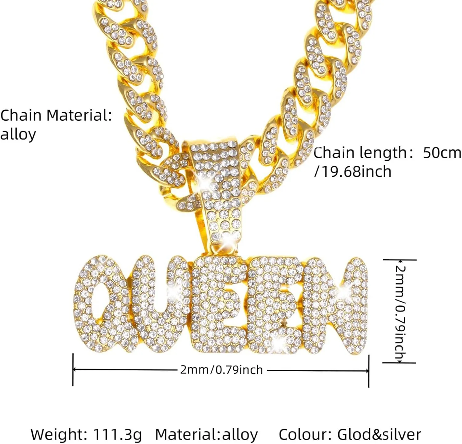 Queen Hip-hop Cuban Chain, Rhinestone Pendant Necklace Jewelry For WomenWomen's Fashion Jewelry