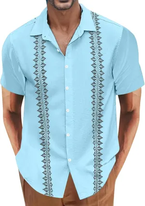 QWENTMTNTY Men's Cuban Guayabera Shirts Casual Short Sleeve Button Down Shirts Regular Fit Summer Party Beach Dress Shirt