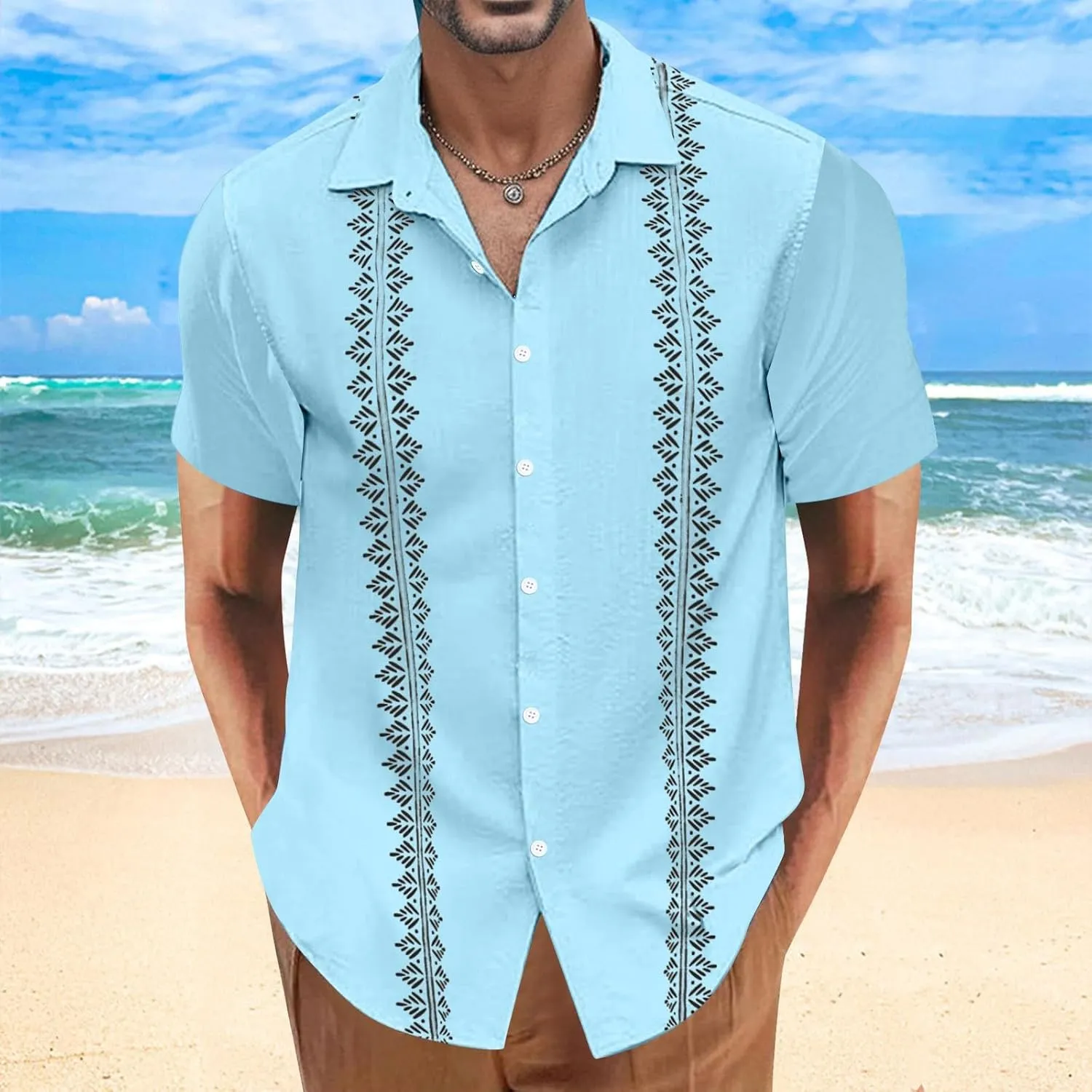 QWENTMTNTY Men's Cuban Guayabera Shirts Casual Short Sleeve Button Down Shirts Regular Fit Summer Party Beach Dress Shirt