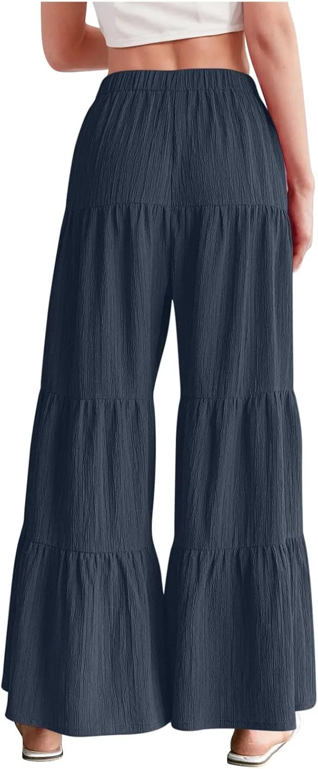 Ruffle Pants Women High Waisted Wide Leg Trousers Flowy Palazzo Pants Boho Tiered Pants Trendy Beach Vacation Pants