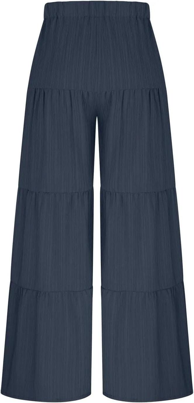 Ruffle Pants Women High Waisted Wide Leg Trousers Flowy Palazzo Pants Boho Tiered Pants Trendy Beach Vacation Pants