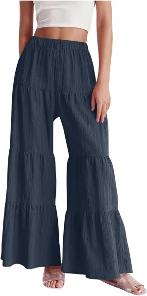 Ruffle Pants Women High Waisted Wide Leg Trousers Flowy Palazzo Pants Boho Tiered Pants Trendy Beach Vacation Pants