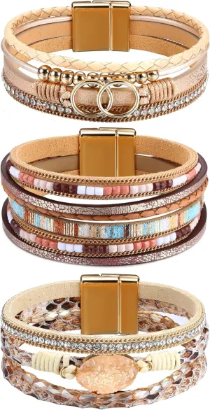 Sanfenly Leather Wrap Bracelets for Women,Boho Wrap Bracelets Leather Cuff Bangle Beads Bracelets Stackable Western Bracelets Jewelry for Women (Gold/Black/Gray/Turquoise)