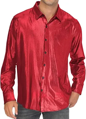 Sequin Shirts for Men Casual Button Down Glitter Mardi Gras Dress Shirt Loose Fit Long Sleeve Lightweight Lapel Blouse