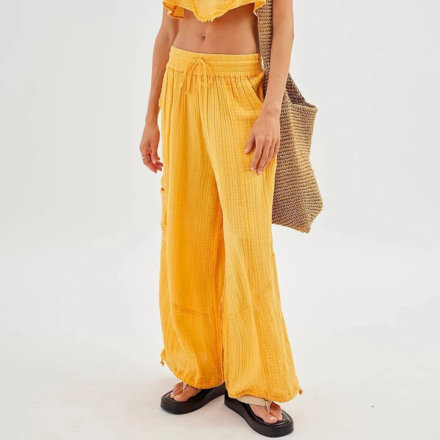 SHAOBGE Linen Pants Women Summer Women's Cargo Pants Baggy Wide Leg Pants Black Loose High Waist Trendy Pants