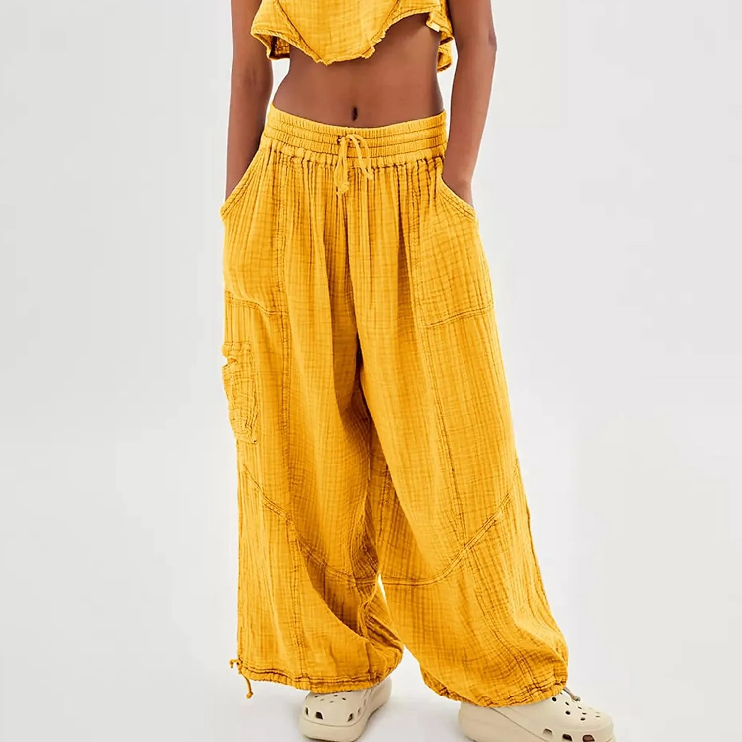 SHAOBGE Linen Pants Women Summer Women's Cargo Pants Baggy Wide Leg Pants Black Loose High Waist Trendy Pants