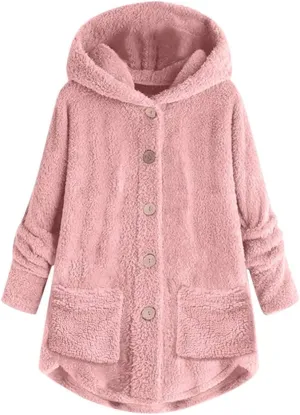 Sherpa Jacket Women Fuzzy Fleece Button Down Long Sleeve Casual Plush Cardigans Jacket Open Front Soft Hooded Coat